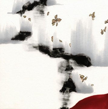 Ink and marker create several blurry black and gray smudges across the surface of the paper. A few brown petal clusters float around the black smudges. A small maroon pool sits at the bottom right corner