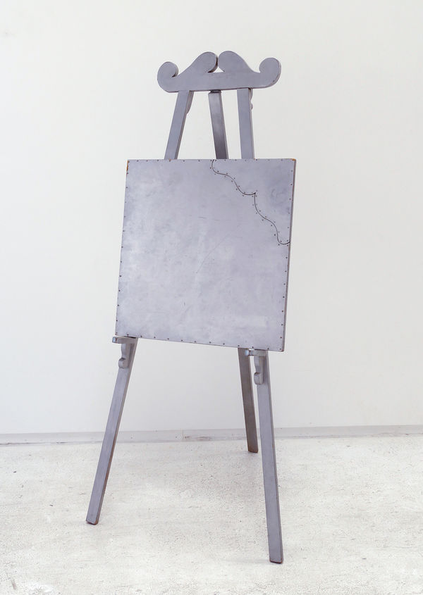 William T. Wiley Silver Easel & Picture, 1965 wood easel, silver paint, plywood, masonite and metal brads 62 1/2 x 24 x 34 in 158.8 x 61 x 86.4 cm