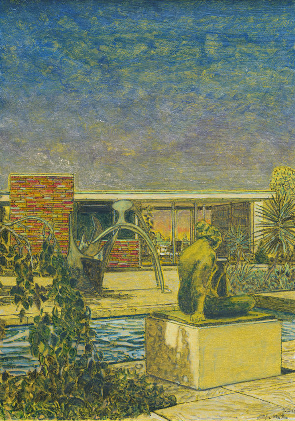 Against a blue sky, modern house with brick and glass exterior is set in front of patio with pool and many sculptures. Tree branch with leaves droops in the foreground.