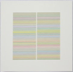 Thin bright multicolored horizontal lines against white negative space background. Sets of horizontal lines are broken into two columns, separated by one vertical white line.