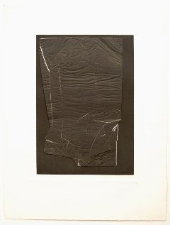 Aquatint rectangular print with black wrinkled paper on top framed by thick white negative space border