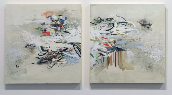 Abstract diptych mixed media piece of a large multicolored layered mass of various thin and thick lines, swirls, geometric patterns, paint splotches, watercolor washes and patterns reminiscent of scientific molecular diagrams. The layered form is located at the center of the diptych surrounded by a light green beige negative space