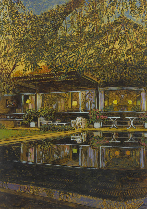 In dark tones, modern house reflects into pool out front. Domestic settings illuminated by yellow lamps can be seen through large windows. Glowing tree hangs menacingly over sky.