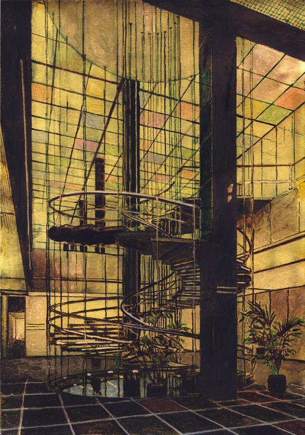 Spiral staircase in fancy commercial building stands underneath tiled ceiling. Scene is painted mostly in shades of black and gold with multi-colored tiled ceiling.