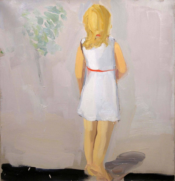 Girl with her back to the viewer wearing white dress with red belt stands on her tip-toes facing gray and green background.