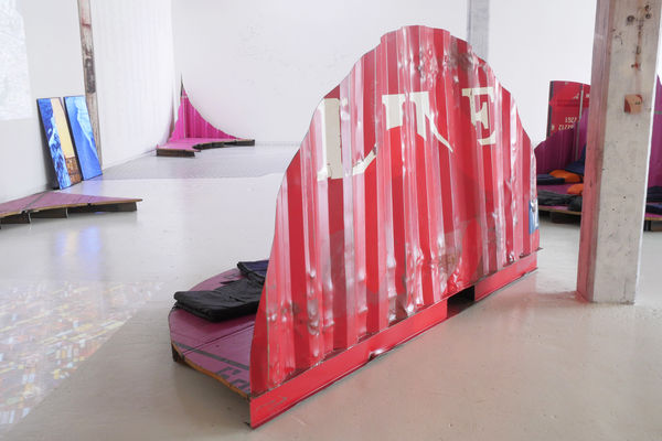 LOT-EK #28 3D Circle Bottom+Side Lounge/Bed, 2023 steel, paint, plywood 68 x 121 1/2 x 63 in 172.7 x 308.6 x 160 cm Located north of San Francisco