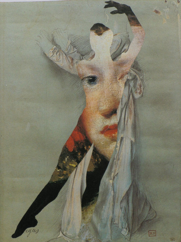 Silhouette of a ballet dancer is filled with the painted image of a child’s face. Behind the dancer is a sketch of a figure dressed in an elaborated draped garment.