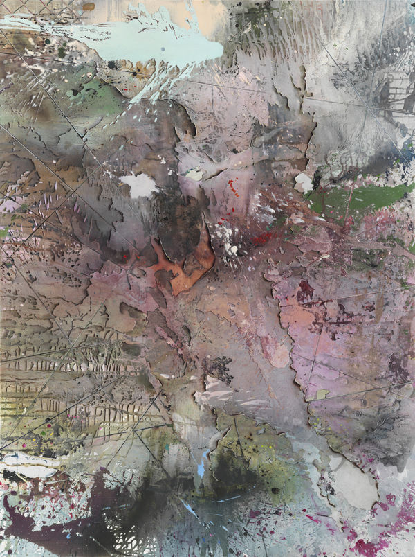 Layering of light blue, dark brown, orange, pink and green paint creates shapes that appear almost like torn paper. Near the bottom left corner of the canvas, there are dense vertical lines. Thin lines criss-cross entire canvas.