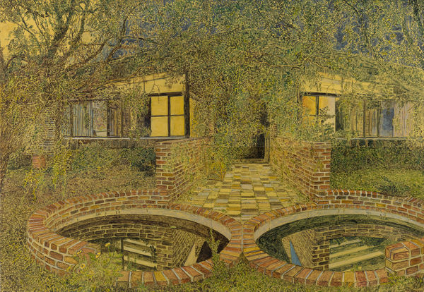 Foliage encroaches on symmetrical house with brick walkway leading to two brick circular pools that reflect the house. Scene is painted in sepia and metallic tones with gold background.
