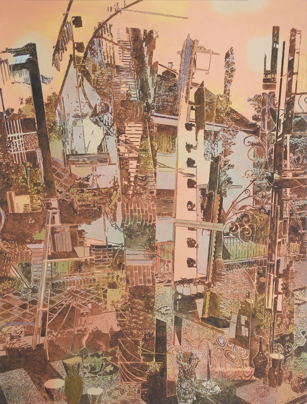 Layered urban scenes render an indistinguishable collage of patterns including brick and different types of fences. Scene is depicted in reddish tones.