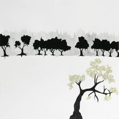 Mixed media landscape of a row of black silhouetted trees against a light gray watercolor wash. Beneath the trees and in the foreground to the bottom right a tree with a thick black trunk and light green textured paper leaves is visible