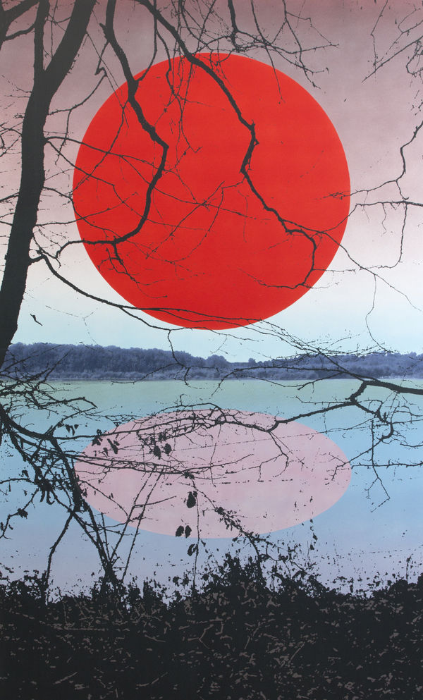 Multiple silkscreen layers of black red blue and green paint form a constructed landscape of a river bank with a large red circle floating in a multi-colored sky. The red circle is reflected in a lighter hue towards the bottom center of the piece and is surrounded by black silhouettes of vegetation