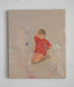 Small faceless child in red shirt sits on the ground with right arm raised.