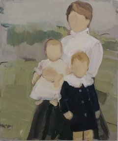 A faceless mother poses with her two young faceless children, a baby girl and a toddler boy, in front of a green nature background.