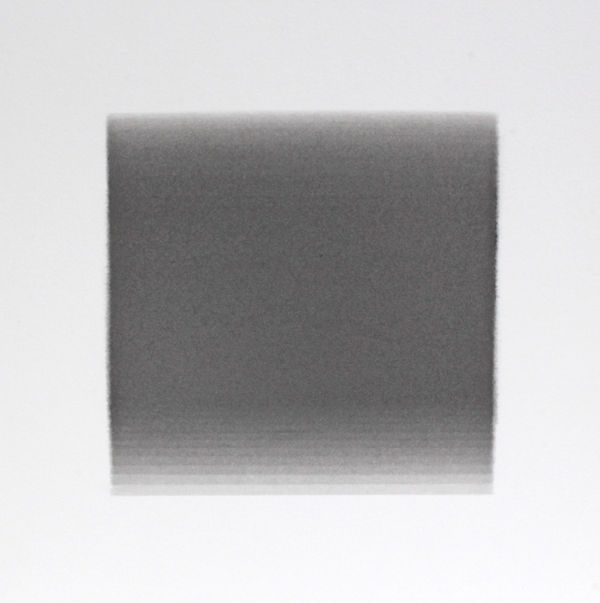Thin horizontal lines are painted in gradient hues from light gray to dark gray and back to light gray again, creating a square color field. The gradient effect is created from the overlapping of the horizontal lines.