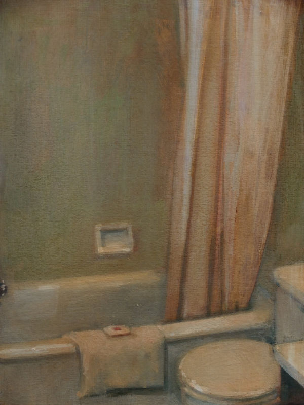 Toilet and bathtub with orange curtain are depicted with loose brushstrokes in gray hues.