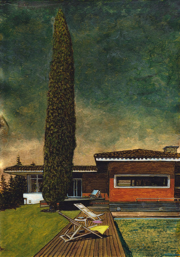 Beneath dark turquoise and golden sky, oversized shrub towers over single-story brick house with thatched roof. Pool with lawn chairs in foreground.