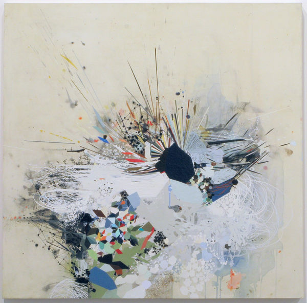 Abstract mixed media piece of a central mass made out of layered and interconnecting multicolored geometric patterns, paint splotches, lines, white loops and patterns reminiscent of scientific molecular diagrams against a light beige background