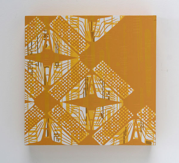 Multiple hues of browns and yellows create various layered geometric patterns on a small square panel