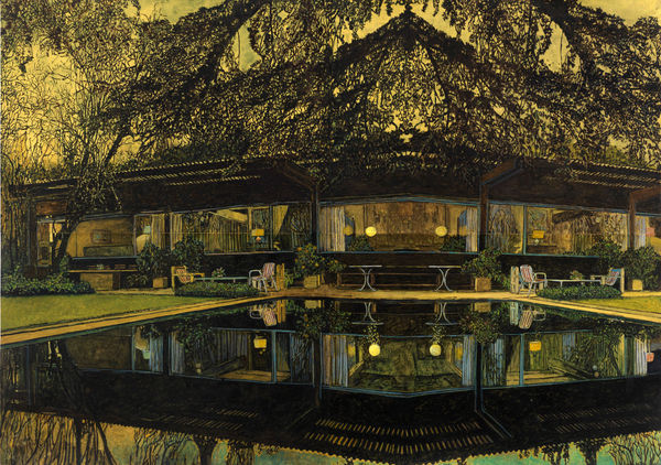 Expansive single-story modern home with large glass windows reflects into pool out front. Tree branches hang over house, partially obscuring golden sky.