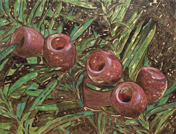 Red geometric and cylindrical berries are attached to green leaves. Foliage has a metallic tint.