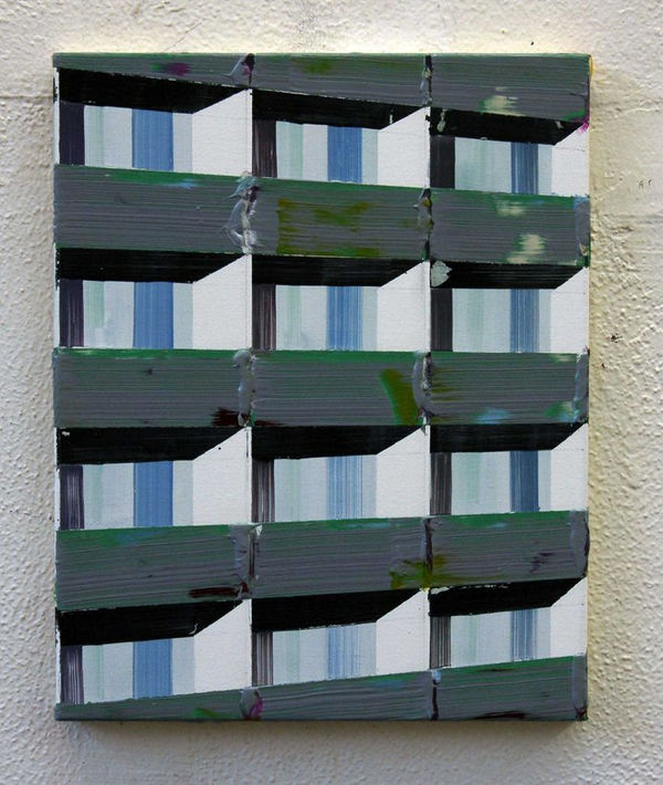 Thick dark green horizontal brushstrokes stop and continue across black pale teal and blue vertical stripes against gray underpainting