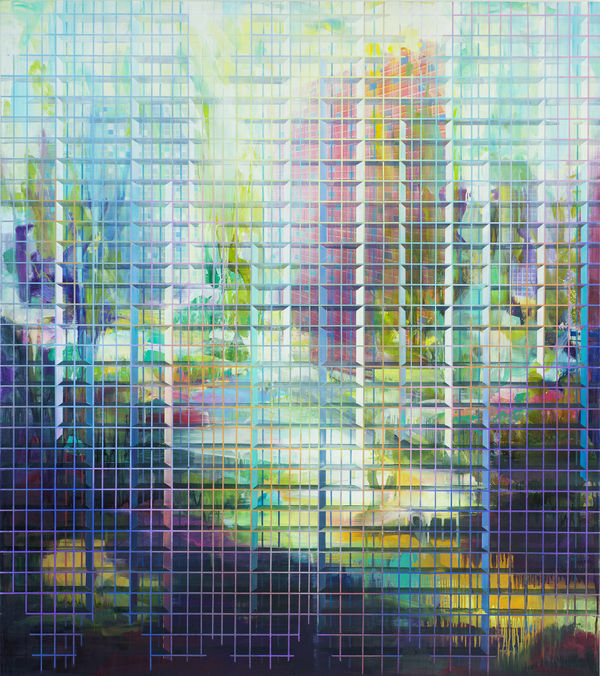 Colorful abstract landscape alludes to several high rise buildings amongst garden space A grid of alternating thin and thick horizontal and vertical lines form the illusion of foreground scaffolding