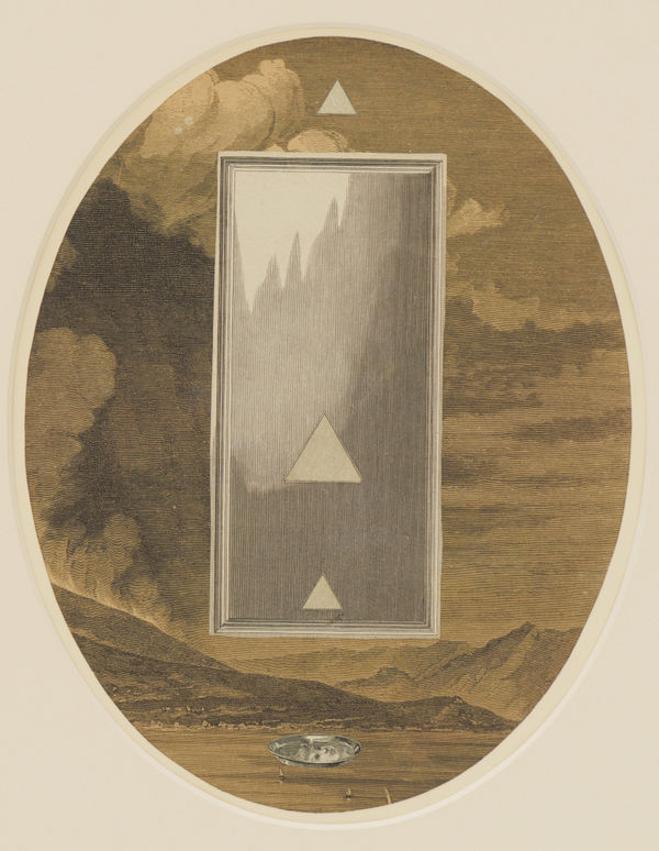 Collage made from nineteenth century engravings The collage depicts a cepia mountainous seascape with a rectangle in the middle framing more mountains but in black and white In the center of the collage three triangles of various sizes are visible and a small plate with a reflection of a face is seen at the bottom