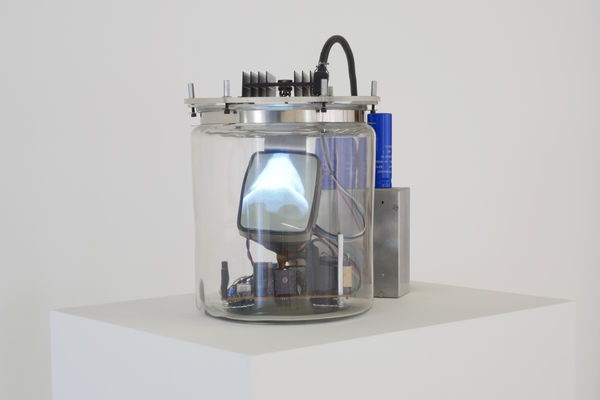 Alan Rath Nose Jar, 1990 glass jar, acrylic, aluminum, custom electronics, CRT 18 x 24 x 10 in 45.7 x 61 x 25.4 cm