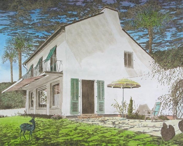 White two-story house with green shutters behind tidy grass lawn with small deer in the bottom left corner. Dark clouds and palm trees obscure bright blue sky in background.