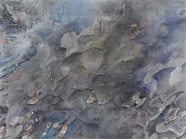 Layers of dark blue, black and purple paint create a three-dimensional texture on canvas and are speckled with flecks of white paint and gray splashes.