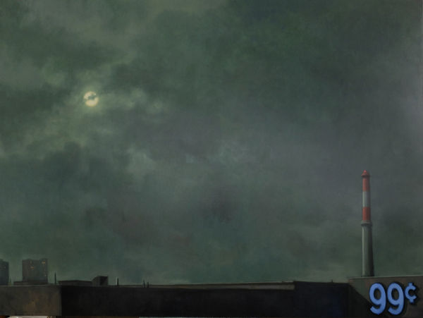 Full moon shines through cloudy night sky over industrial buildings and red and white striped post. In the bottom right corner of the canvas, “99¢” is written in blue on the side of a building.