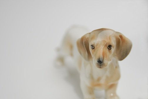 Digital photograph of a realistic figurine of a blonde and white puppy dog