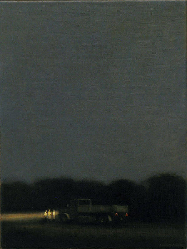 The headlights of a truck pointed to the left side of the canvas illuminate three small figures. The background is dark trees set against a night sky.