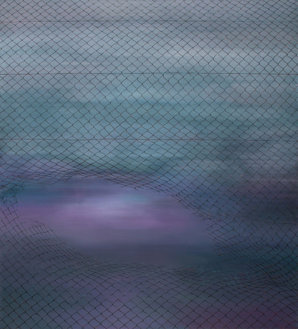 Foggy abstract dawn landscape painting in dark blues and purples The landscape is seen through a black diamond wire fence that has a large hole near the bottom left of the painting