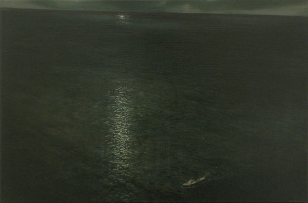 Tiny sliver of moonlight and night sky shine over expansive ocean with tiny boat near the bottom of the canvas.