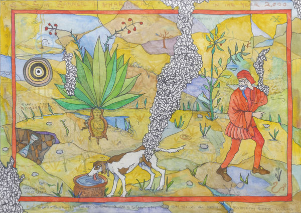 Watercolor of man in red with dog drinking water in desert with large aloe plant.