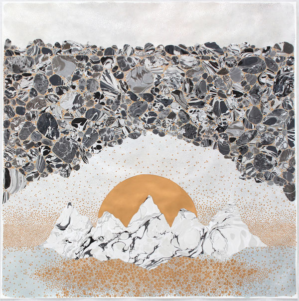 Mixed media landscape of a black and white marbled stone arch bridge that floats above a small marbled mountain range. A large gold moon peeks out from behind the mountains