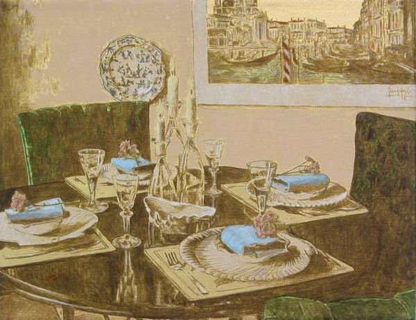 Dining table set for four; each place setting has a shell for a plate, a blue napkin and a pink flower. Mounted on the wall behind the table is a painting of boats docked at a canal and a blue and white ceramic plate.