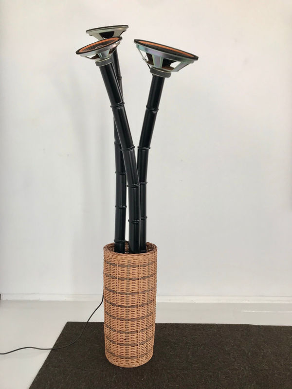 Alan Rath Basket Case III, 1997 basket, aluminum, plastic, custom electronics, speakers 68 x 23 x 23 in 172.7 x 58.4 x 58.4 cm