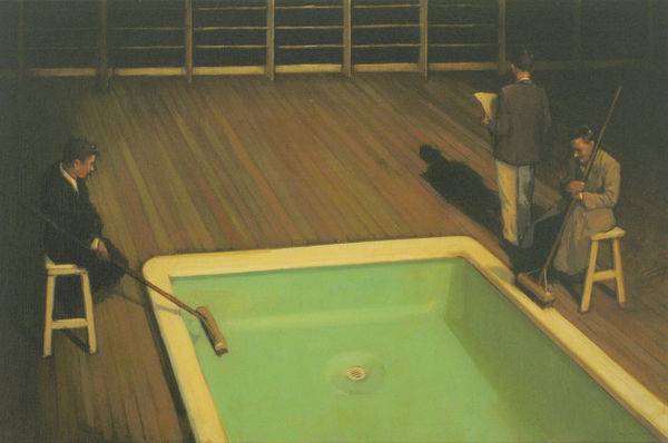 Two men sitting on stools use brooms to clean pool on wooden deck. A third man stands holding a piece of paper and faces away from viewer towards a fence.