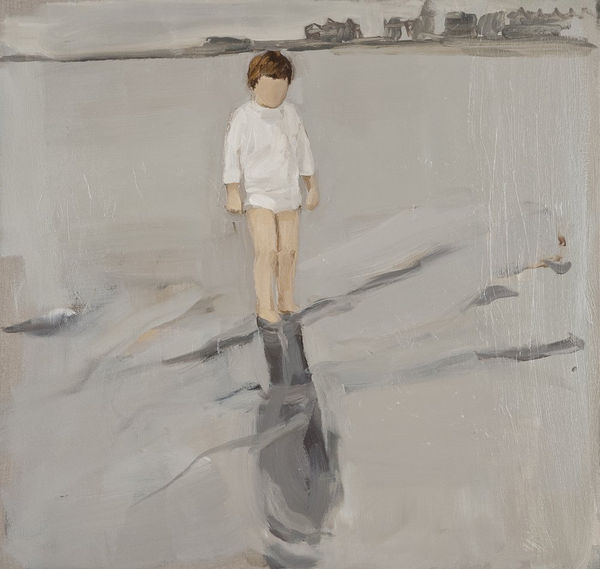 Small faceless child in white garments stands in shallow water, gazing at their own reflection.