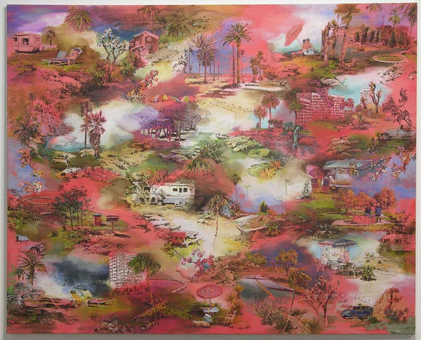 Small scenes of RVs, palm trees, beaches, and tall buildings are separated by pink clouds of paint.