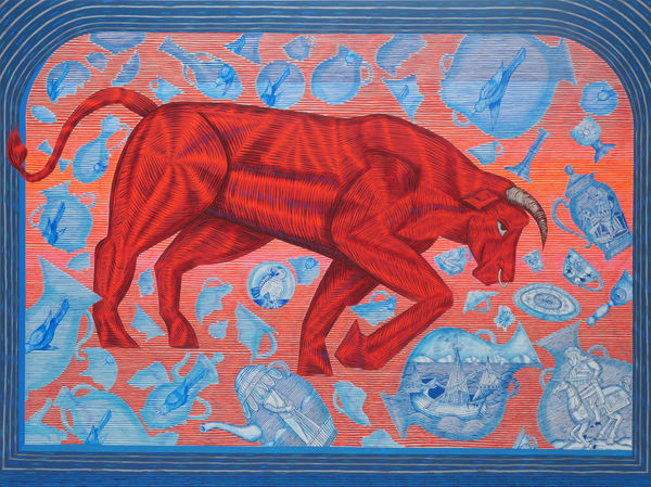 A red bull prepares to charge through falling blue and white china, some of which has already shattered. Set on a horizontal striped red-orange background within an illusory blue frame.