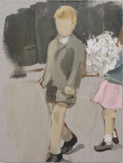 Young faceless boy in gray coat and shorts walks towards the viewer. Behind him, a girl in pink skirt and green shirt holds large bouquet of flowers and is partially cut out of the composition.