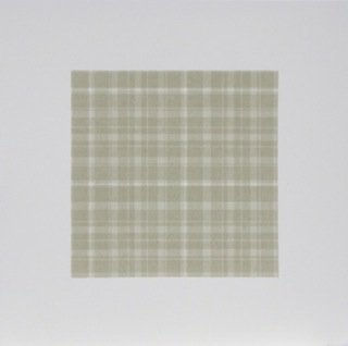 Against white background, beige horizontal and vertical lines create a muted grid-like pattern.