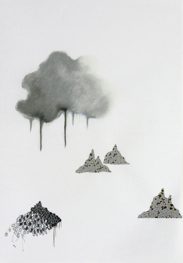 Abstract mixed media landscape of five grayscale clouds. The largest cloud floating in the upper left appears blurry like a cotton ball and drips down the paper. Other smaller clouds appear more solid and made out of tangled fine black ink lines or have stone like texturing