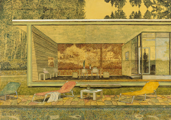 Dining room of modern home with large landscape painting mounted on the wall can be seen from exterior through glass windows. In front, two lounge chairs are set up at the edge of the pool. Scene is painted in golden sepia tones.