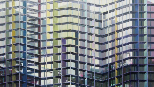 Abstract urban landscape with several blurry and pale colored high rise buildings A multi-colored grid of alternating thin and thick horizontal and vertical lines form the illusion of foreground scaffolding