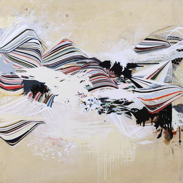 Abstract mixed media piece of several waves made up of layered and interconnecting multicolored lines, paint drips, vegetal forms, and patterns reminiscent of scientific molecular diagrams against a light yellow background